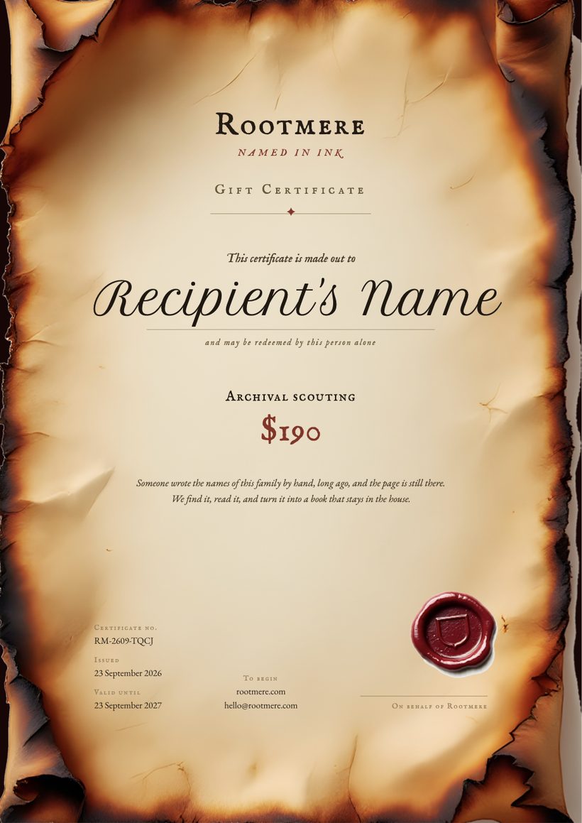 The Rootmere gift certificate, printed on scorched paper